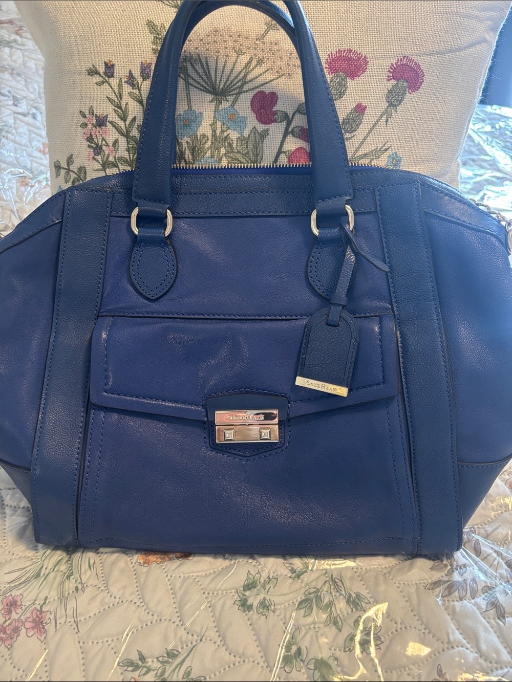 Blue Leather Satchel Handbag